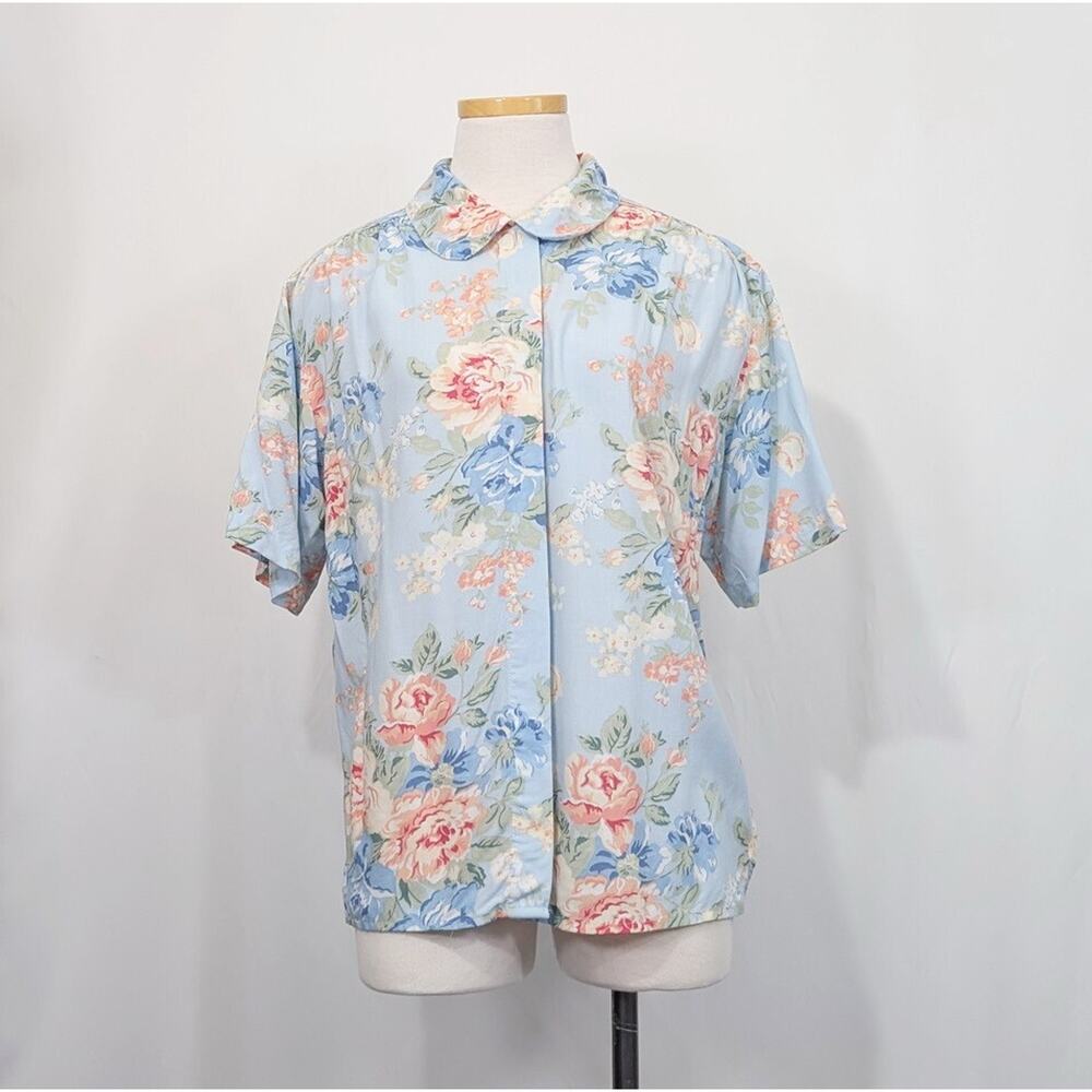 Vintage 90s Blouse Light Blue Floral Print Top Shirt Women's Size S